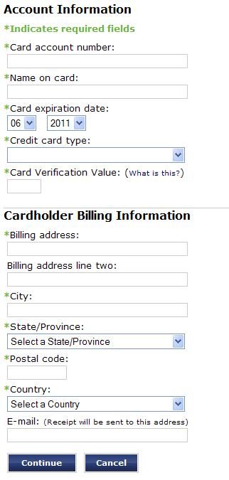 WebSTAR Credit Card Payment: Account and Billing Info Screen